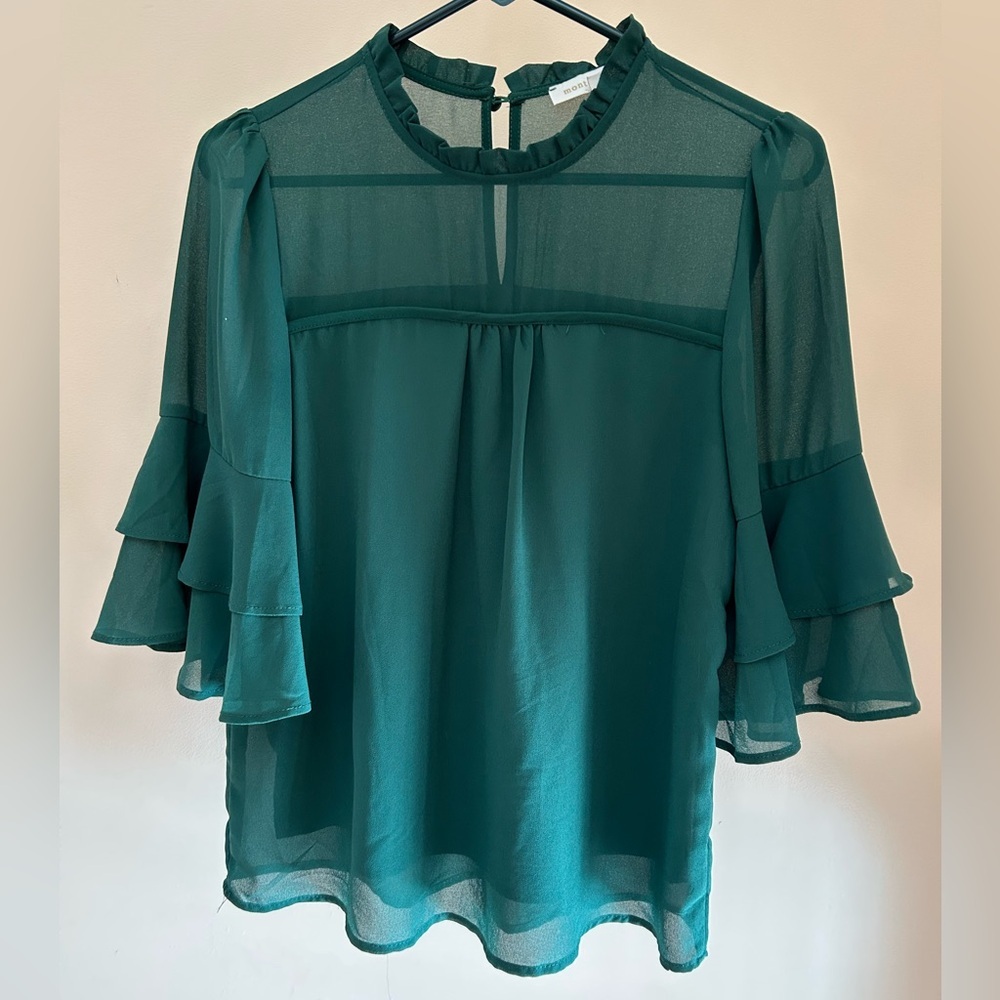Monteau Los Angeles Emerald Green Blouse | Women S | Ruffle Sleeve Flowy Top - Picture 9 of 9